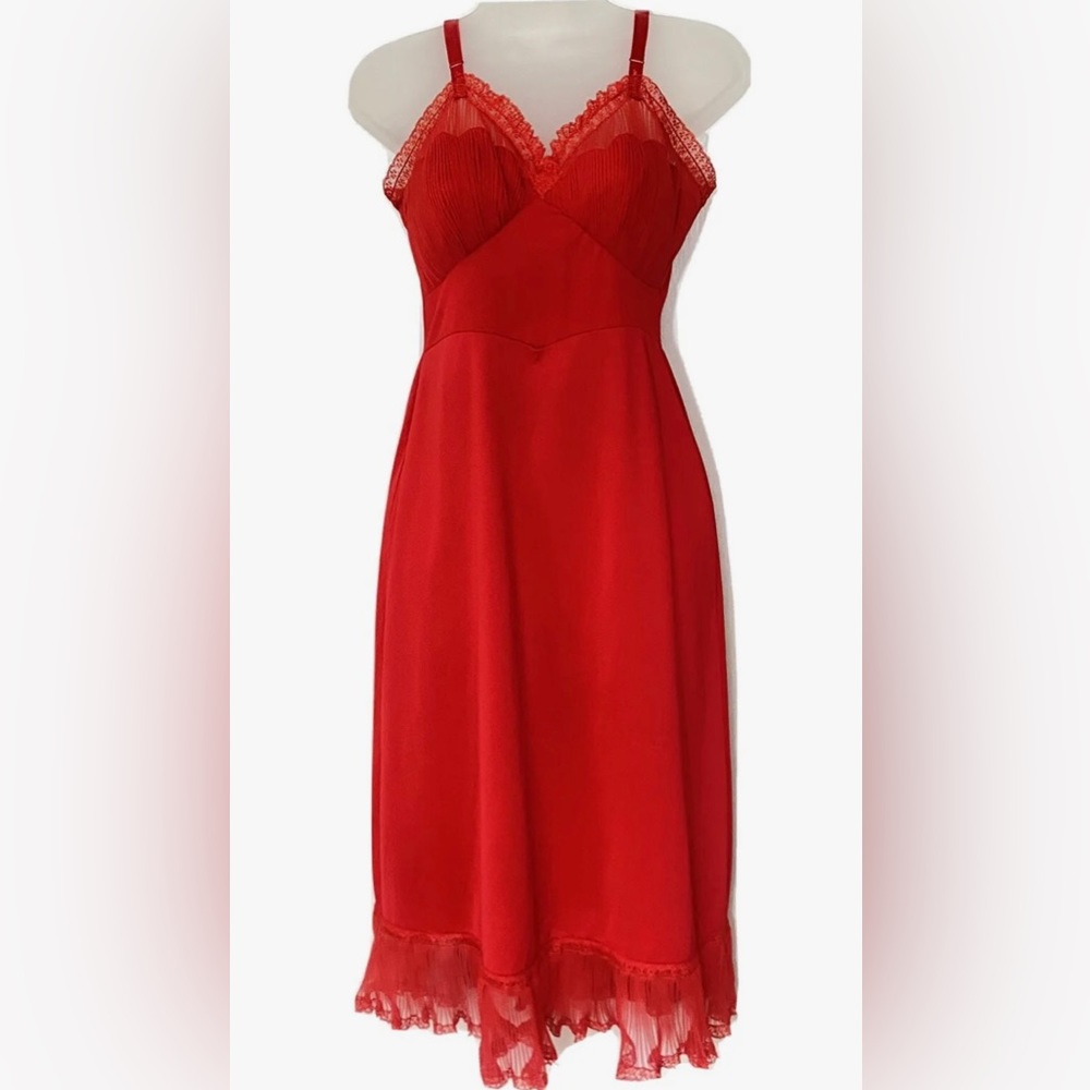 Vintage Shadowline Nightgown Slip Red Nylon Size 34